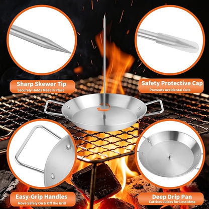 Al Pastor Skewer for Grill, Stainless Steel Vertical Skewer with 3 Removable Spikes (8", 10", 12"), Basting Brushes &Food Tongs, Trompo para Tacos al Pastor, Shawarma Spit Stand for Smoker & Oven