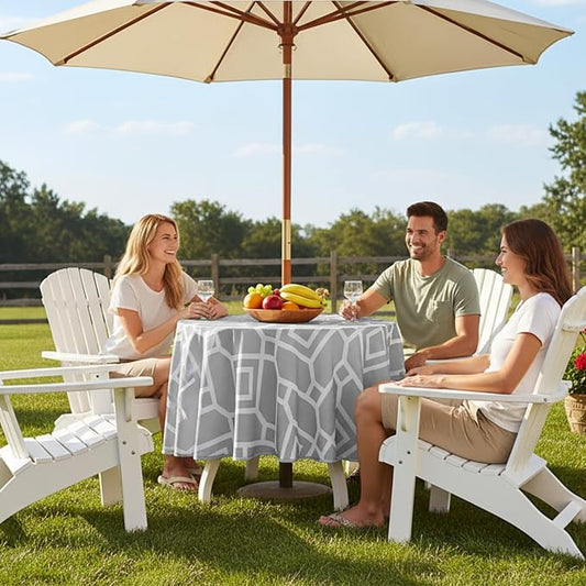LUSHVIDA Moroccan Outdoor Round Tablecloth with Umbrella Hole and Zipper, 60 Inch Silver, Waterproof Wrinkle Free Table Cloth Decorative Fabric Washable Table Cover for Patio, Party, Picnic
