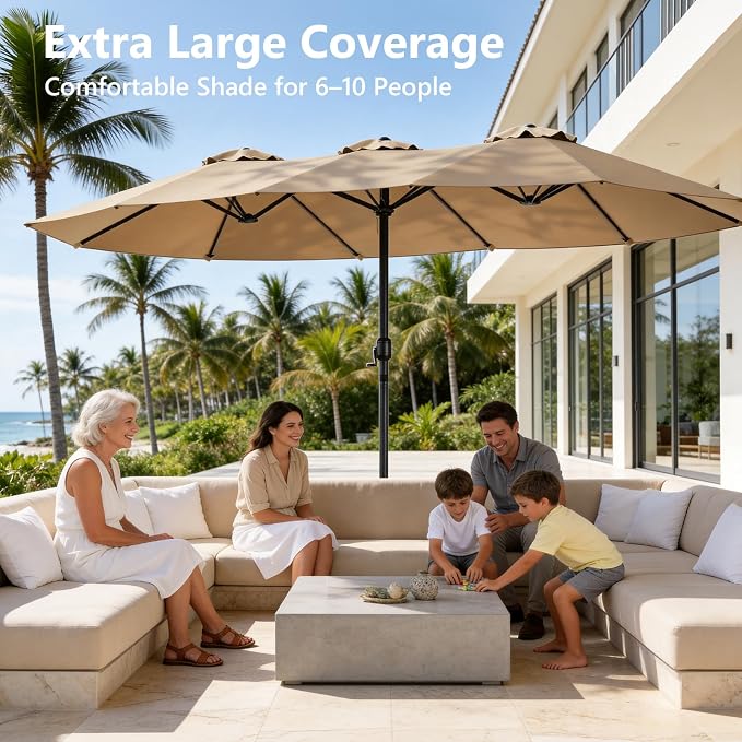 15FT Patio Umbrella, Double-Sided Outdoor Umbrella with base included, Large Standing Umbrella with Crank Handle & Ventilation, Rectangular patio umbrella for Pool, Backyard, Deck, Lawn & Beach