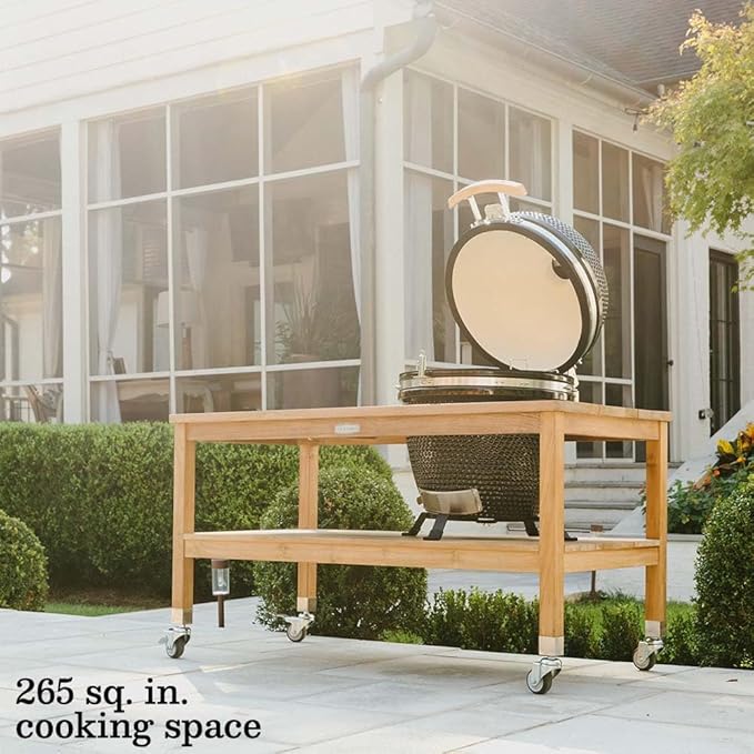 Ash & Ember 18" Kamado Grill Kit with Grade A Teak Table, Spacious Shelves, Built-In Thermometer, Airflow Vent, Heat Deflector, Ash Drawer, Ash Tool, Clip Tool, Protective Cover Included