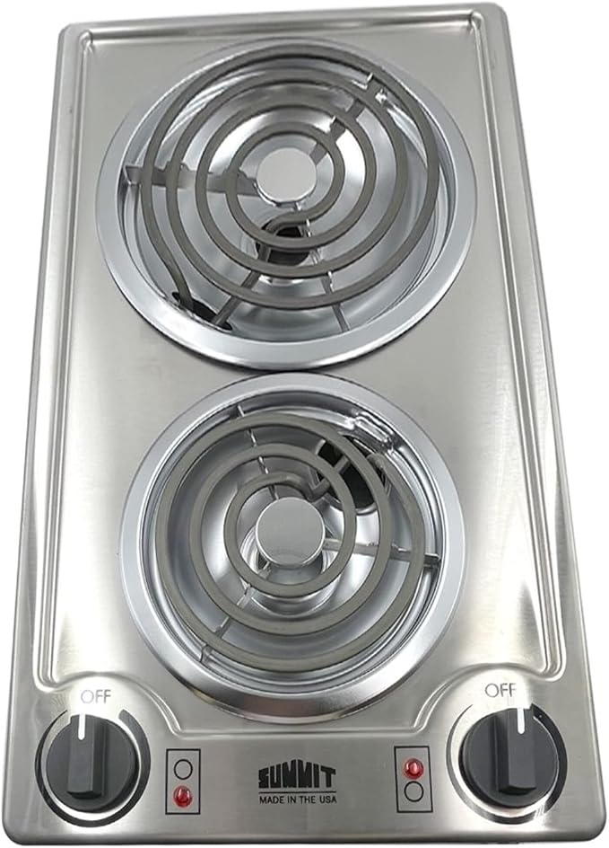 Summit 12" 2 Burner Electric Cooktop 230V Radiant Cooktop, Coil Elements, Made in the USA, Stainless Steel- CCE227SS