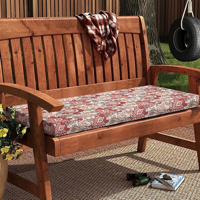 Magpie Fabrics Patio Bench Cushion Cover 48x18x3 Inch, NO Insert! Water Resistant Outdoor Loveseat Replacement Cover with Zipper (Botanical Red Orange)