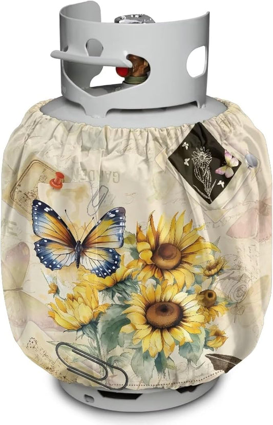 Camper Propane Tank Cover Butterfly Sunflower 20 lb Propane Tank Cover Protective Covers for Grill, Travel Trailer RV, and Outdoor Use Windproof Weatherproof Gas Covers