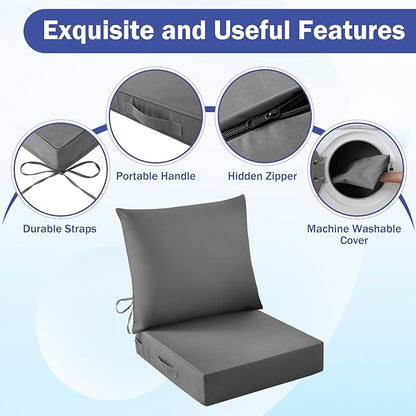 Outdoor Chair Cushions, 24 x 24 Inch Outdoor Cushion for Patio Furniture, Patio Chair Cushion, Waterproof & Fade Resistant Deep Patio Furniture Cushions Set with Handle and Ties, Dark Grey (Set of 4)