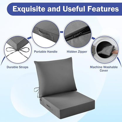 IASEAHK Outdoor Seat Cushion Set, Waterproof & Fade Resistant Patio Chair Cushions, Outdoors Cushion for Patio Furniture, 24 x 24 x 5.75 Inch, Outdoor Couch Cushions with Handle and Ties, Dark Grey