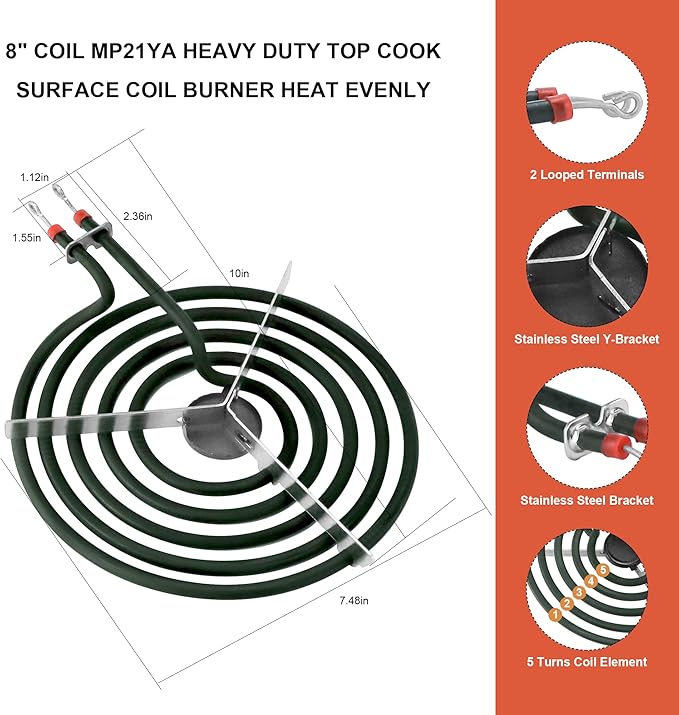 Stove Element Replacement for Amana Whirlpool Kenmore Electric Range Burner-MP22YA Electric Range Burner Element Set Includes 2Pcs 8-Inch MP21YA & 2Pc6-Inch MP15YA