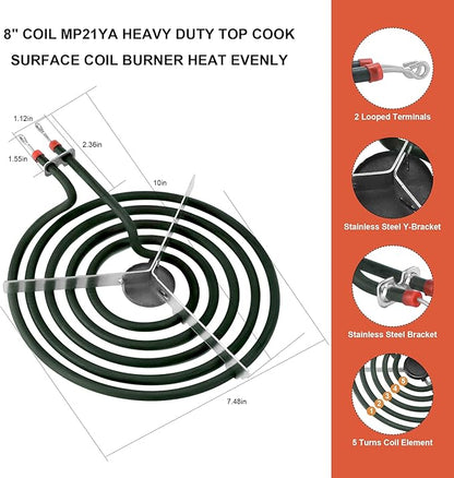 Stove Element Replacement for Amana Whirlpool Kenmore Electric Range Burner-MP22YA Electric Range Burner Element Set Includes 2Pcs 8-Inch MP21YA & 2Pc6-Inch MP15YA