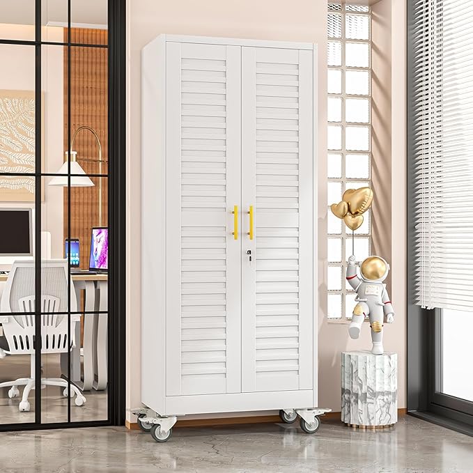 GAIOUS 71”H Metal Garage Storage Cabinet with Lock and Wheels, Metal Storage Cabinets with Louvered Door and 4 Adjustable Shelves, Rolling Tool Cabinet, Utility File Cabinet for Home Office, White