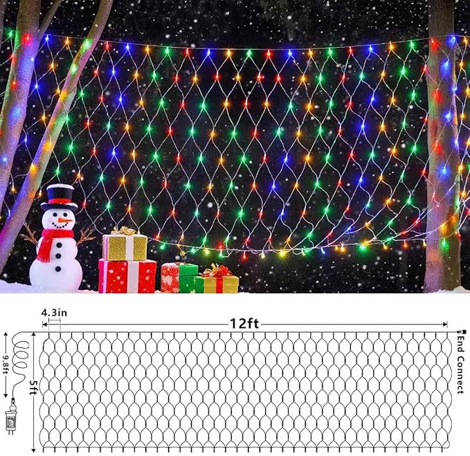 QITONG Net Lights Outdoor Mesh Lights, 12ft x 5ft 360 LED Multicolor Christmas Light with 8 Modes, Connectable Clear Wire Bush Light Plug in