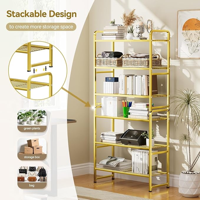 Standard Shelf Organizer for Outdoor Indoor, Waterproof Heavy Duty Metal Shelving Units and Storage for Living Room Bathroom Balcony Garden, Easy Assemble, Bright Gold