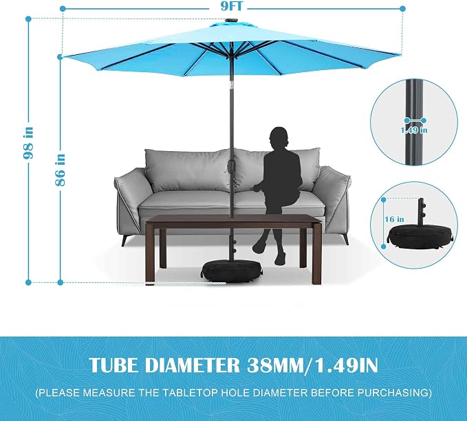 Sundale Outdoor 80 LED 9 FT Solar Patio Umbrella with Base, Blue | Sand Bag Umbrella Base, Tilt, Crank, Solar Lights
