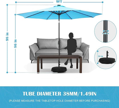 Sundale Outdoor 80 LED 9 FT Solar Patio Umbrella with Base, Blue | Sand Bag Umbrella Base, Tilt, Crank, Solar Lights