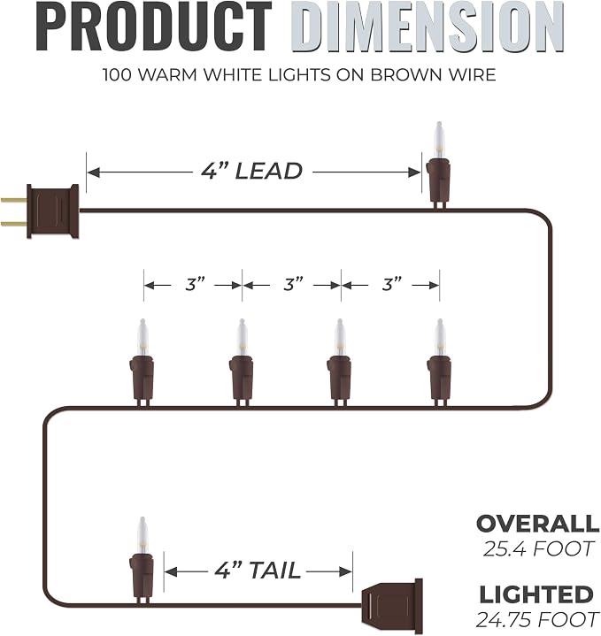 612 Vermont 100 LED Clear Christmas String Lights, Brown Wire Cord | Flicker-Free LED Technology, Warm-White, UL Approved Indoor Outdoor Use, 24.75 Foot Lighted Length, 25.4 Foot Total Length