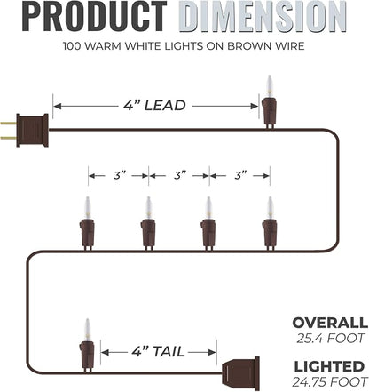 612 Vermont 100 LED Clear Christmas String Lights, Brown Wire Cord | Flicker-Free LED Technology, Warm-White, UL Approved Indoor Outdoor Use, 24.75 Foot Lighted Length, 25.4 Foot Total Length