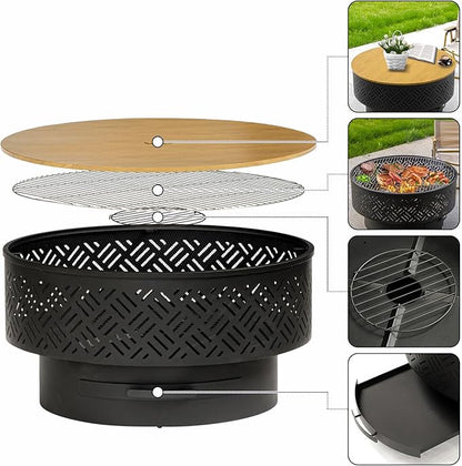 OutVue 26" Wood Burning Fire Pits with Grill & Lid, Fire Pit Table for Outside with Waterproof Cover & Fire Poker, Outdoor Firepit with Functions for BBQ,Table and Bonfire
