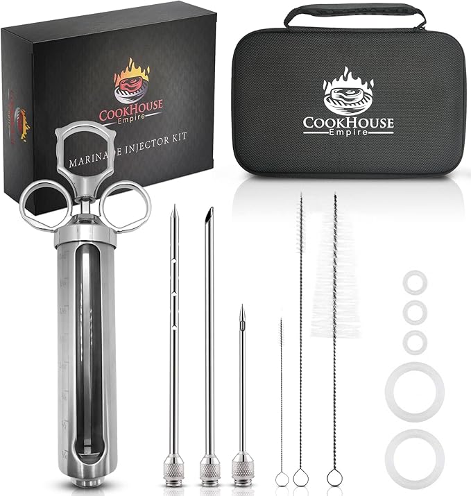 Meat Injectors for Smoking - Stainless Steel Marinade Injector Kit with Case and Window for BBQ, Grilling - 3 Syringe Needles for Injection of Flavor, Sauce - Food Injector for Turkey, Beef, Brisket