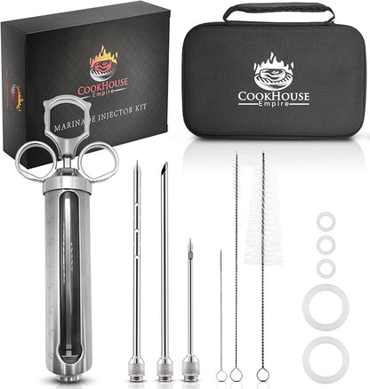 Meat Injectors for Smoking - Stainless Steel Marinade Injector Kit with Case and Window for BBQ, Grilling - 3 Syringe Needles for Injection of Flavor, Sauce - Food Injector for Turkey, Beef, Brisket