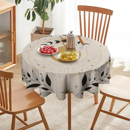 Vintage Boho Sun Moon Round Tablecloth Moon Phase Star Galaxy Space Wildflower Table Cloth Water Resistant Wipeable Table Cover for Farmhouse Picnic Party Holiday Kitchen Dinner Table 50"