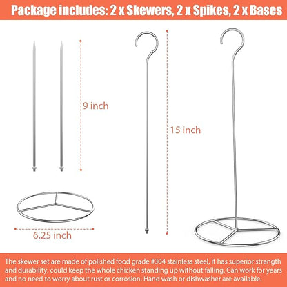 6 Pieces Stainless Steel Vertical Skewer Set, (2x15''Skewers,2x9‘’Spikes& 2x6.25‘’Bases), Multifuntion Barbecue Spike& Poultry Hanger Set for Webber,Bronco, Pit Barrel,Green Egg Smoker,etc