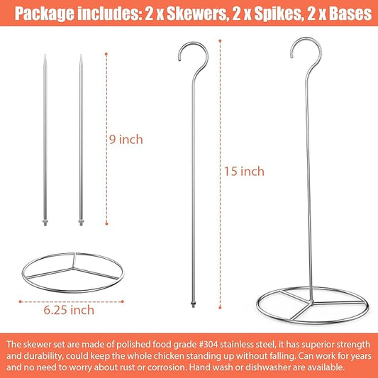 6 Pieces Stainless Steel Vertical Skewer Set, (2x15''Skewers,2x9‘’Spikes& 2x6.25‘’Bases), Multifuntion Barbecue Spike& Poultry Hanger Set for Webber,Bronco, Pit Barrel,Green Egg Smoker,etc