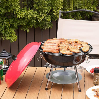 Round Griddle, Charcoal Grills Portable Charcoal Round Grill, Red Small Grills with Locking Lid and Dual Vents Chrome Plated Travel BBQ for Backyard Bonfire Outdoor Cooking Camping