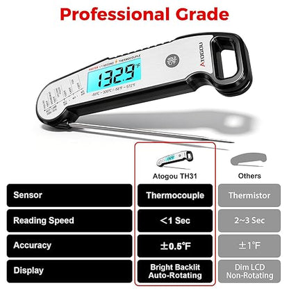 Atogou Professional Meat Thermometer Digital for Cooking Food, <1 Sec Instant Read & ±0.5℉ Accuracy, IP67 Waterproof, Thermocouple Sensor Probe, for Kithchen, BBQ, Grill, Silver
