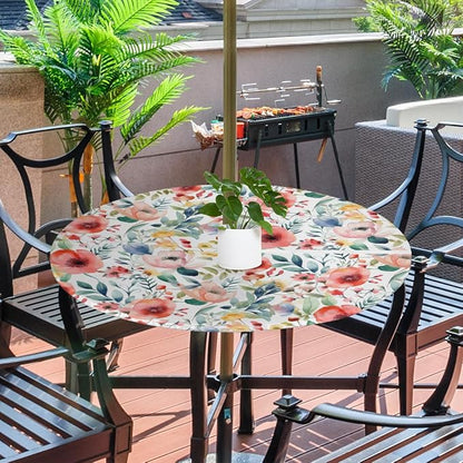 Spring Flower Outdoor Round Fitted Tablecloth with Umbrella Hole and Zipper, 36"-44" Elastic Patio Table Cloth Oil-Proof Waterproof Patio Table Cover for Picnic Party Camping