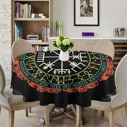 Vintage Viking Pattern Round Tablecloth, Viking Ancient Runic Helmet of Awe Seasonal Table Cloth Waterproof Wipeable Table Cover for Picnic Holiday Party Kitchen Dining 36"