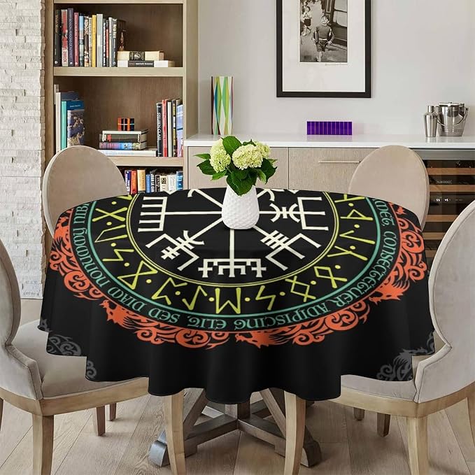 Vintage Viking Pattern Round Tablecloth, Viking Ancient Runic Helmet of Awe Seasonal Table Cloth Waterproof Wipeable Table Cover for Picnic Holiday Party Kitchen Dining 70"