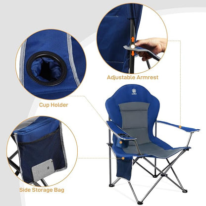 EVER ADVANCED High Back Folding Camping Chair Oversized and Fully Padded, Portable Quad Camp Lawn Chair Up to 300 lbs, with Cup Holder Armrest Carrying Bag