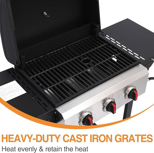 Propane Gas Grill with Folding Side Tables, 3-Burner Gas Grill with Cast Iron Grates and Stainless Steel Griddle Pan, Outdoor BBQ Grill Portable with Wheels 30,000 BTU Output