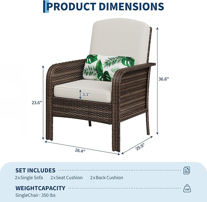 GarveeLife 2-Piece Wicker Chair Set, Brown Gradient Rattan with White Cushion, Comfortable, for Outdoor Lounge are