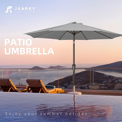 JEAREY 9FT Outdoor Patio Umbrella, Market Umbrella, Light Gray | Outdoor Table Umbrellas with 8 Sturdy， Tilt & Crank UV Protection Waterproof for Garden, Deck, Backyard, Pool