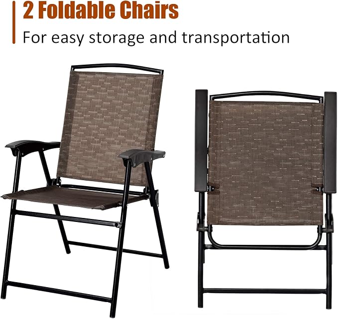 Tangkula 3 Pieces Patio Bistro Set, Outdoor Folding Chairs & Table Set with Tempered Glass Tabletop, Round Table & 2 Foldable Chairs, Small Outdoor Furniture Set for Garden, Poolside & Backyard