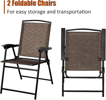 Tangkula 3 Pieces Patio Bistro Set, Outdoor Folding Chairs & Table Set with Tempered Glass Tabletop, Round Table & 2 Foldable Chairs, Small Outdoor Furniture Set for Garden, Poolside & Backyard