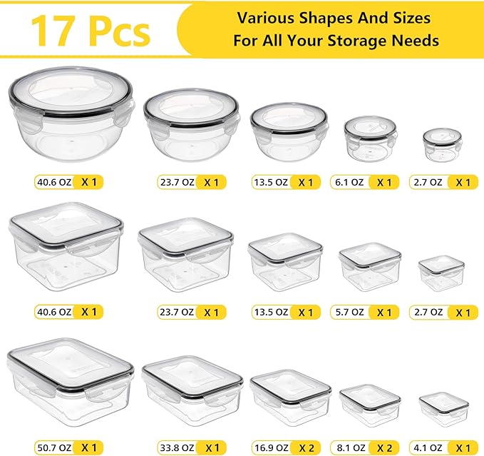 34 PCS Food Storage Containers with Lids Airtight(17 Lids &17 Containers) | Microwave/Dishwasher Safe 100% Leakproof Storage Containers for Meal Prep Kitchen Storage Organization with Labels & Pen