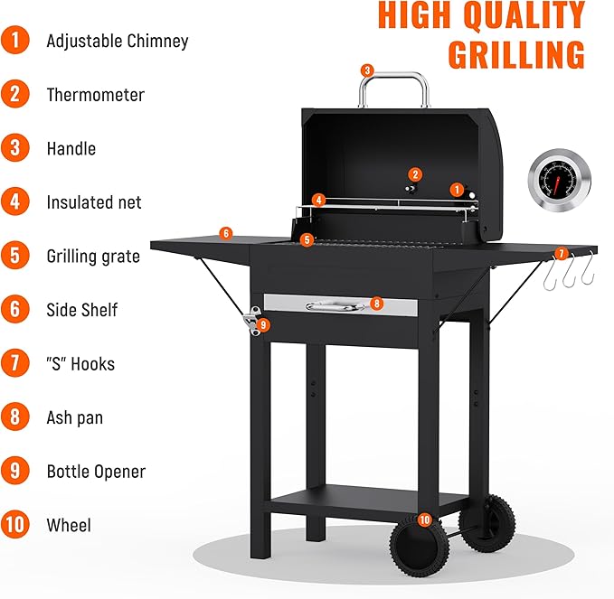 Charcoal Grills with Side Tables and Bottle Opener, 20'' Smoker Barbecue BBQ Grill with 2 Wheels for Backyard Patio Camping and Parties, Black
