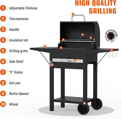 Charcoal Grills with Side Tables and Bottle Opener, 20'' Smoker Barbecue BBQ Grill with 2 Wheels for Backyard Patio Camping and Parties, Black