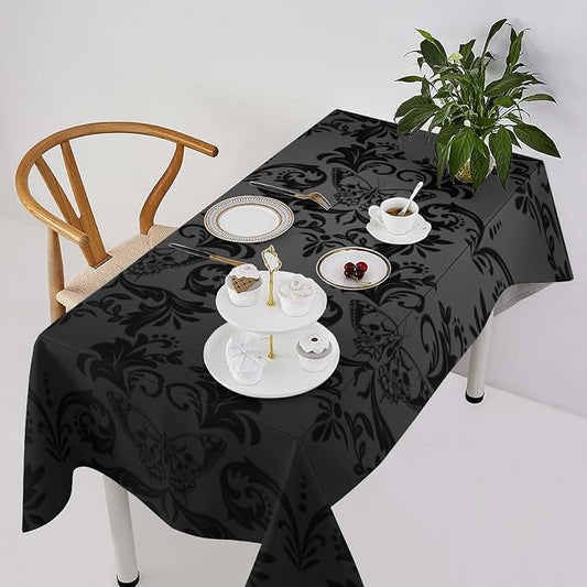 Gothic Black Damask Tablecloth, Vintage Floral Exotic Butterfly Suger Skull Bohemian Antique Table Cloth Water Resistant Table Cover for Farmhouse Party Holiday Kitchen Dinner Table 60x110"