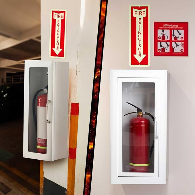 Zonon 10 lb Fire Extinguisher Cabinet with Reflective Sign, Wall & Surface Mount Fire Extinguisher Box Case Steel 24-3/4" H x 10-1/4" W x 6-3/4" D, with Handle, for 2.5/5/10 lb Dry Chemical(White)