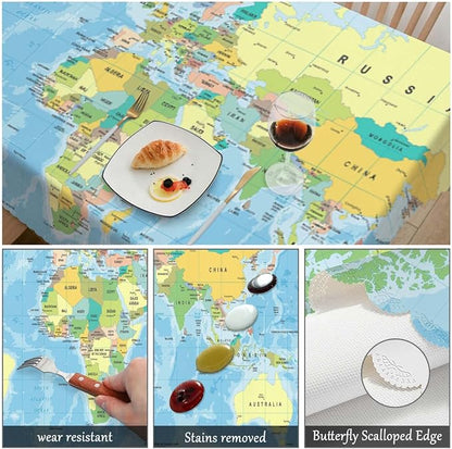 Swono World Map 52"X70" Oblong Table Cloth Earth World Map with Countries Oceans Lakes Wrinkle Free Table Cover Farmhouse Tablecloth for Home Restaurant Picnic Indoor Outdoor Dining