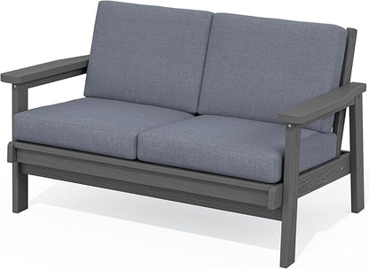 SERWALL HDPE Outdoor Patio Loveseat, All Weather Wood-Like Outdoor Sofa HDPE Outdoor Furniture, Grey Frame and Grey Cushion