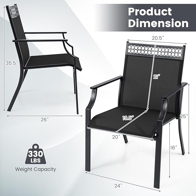 Giantex Patio Chairs Set of 4, Outdoor Chairs with All Weather Fabric, High Backrest, Armrests, Heavy Duty Metal Armchair, Outside Dining Chairs for Porch Lawn Garden Yard Pool, Black