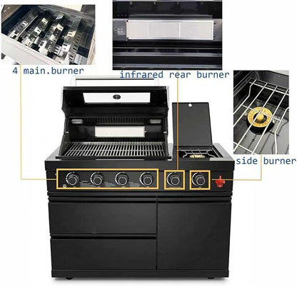 84" Modular Outdoor Kitchen Island, 4-Burner 75,300 BTU BBQ Island with Side Burner, Integrated Sink & Refrigerator, Side Prep Shelf, NG Conversion Kit, for Backyard and Patio Cooking, Black