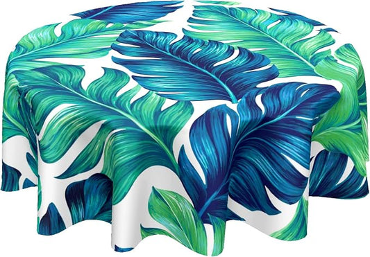 Sweetshow Tropical Tablecloth Round 60 Inches for Summer Green Hawaiian Palm Leaf Round Tablecloth Polyester Washable Circle Table Cover Table Cloth for Kitchen Dining Room Picnic Patio Wedding Party