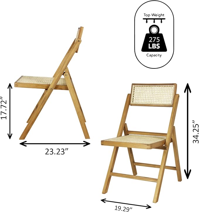 JONATHAN Y Theo Teak Wood and Rattan Folding Chairs, Set of 2, Light Brown | Woven Cane Seat And Back, Portable Lightweight Design, For Dining Room And Living Room, Mid-Century Vintage Bohemian Style