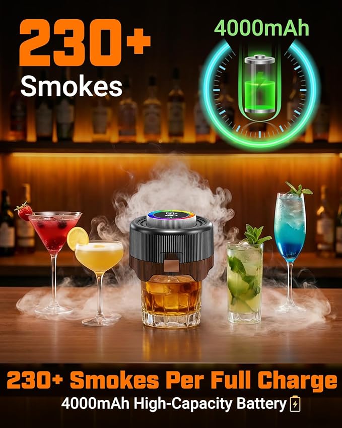 Electric Whiskey Smoker Kit with Adjustable Smoke Control (0–60s), Cocktail Smoker Kit with 6 Wood Chips, No Butane Needed, Old Fashioned Smoker Kit, Bourbon Gifts for Men, Wood Grain