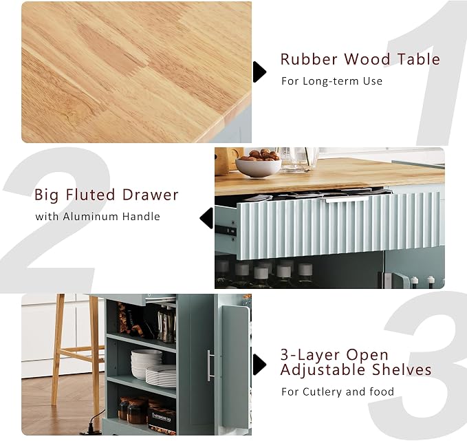 Ball & Cast Fluted Kitchen Island with Trash Can Storage Cabinet,Power Outlet,Internal Storage Rack,Rolling Kitchen Islands On 5 Wheels W/3 Drawer&3 Open Side Racks for 10 Gallon Garbage Bin,Grey Blue