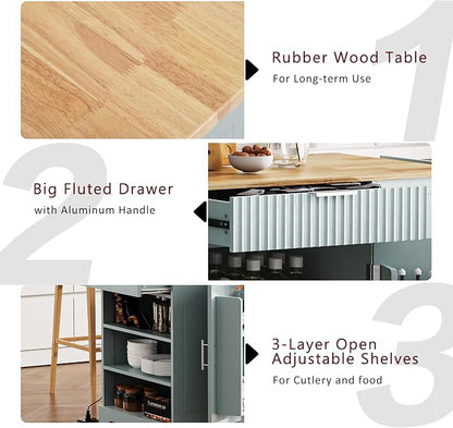 Ball & Cast Fluted Kitchen Island with Trash Can Storage Cabinet,Power Outlet,Internal Storage Rack,Rolling Kitchen Islands On 5 Wheels W/3 Drawer&3 Open Side Racks for 10 Gallon Garbage Bin,Grey Blue