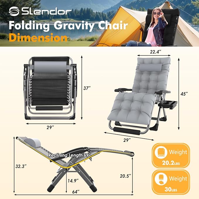 Slendor Oversized Zero Gravity Chairs XL,29in Padded Reclining Chair, Black | Recliner Lounge Chair, Folding Anti Gravity Chairs w/Aluminum Alloy Lock, Headrest, Cup Holder, Support 440lbs,for Lawn Patio